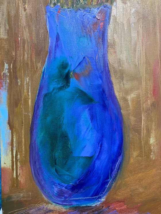 gladioli in a blue vase