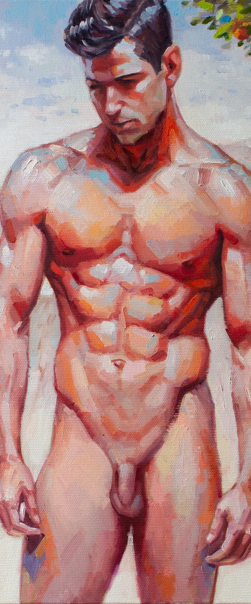 SUNNY DAY by Yaroslav Sobol (Modern Impressionistic Figurative Oil painting of a Man Nude Male Model Gift Home Decor) by Yaroslav Sobol