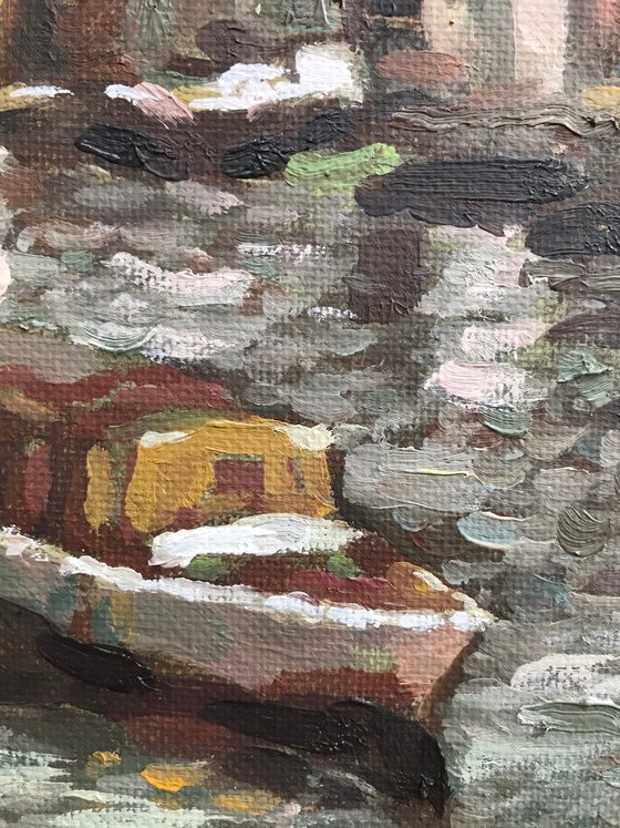 Original Oil Painting Wall Art Signed unframed Hand Made Jixiang Dong Canvas 25cm × 20cm Cityscape Amsterdam Boat Trip Amsterdam River House Small Impressionism Impasto