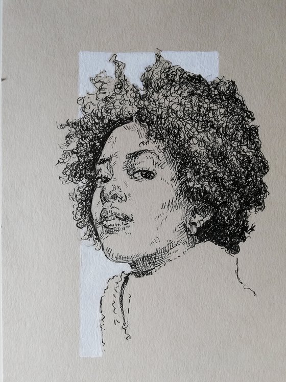 Black woman portrait. Fine liner art