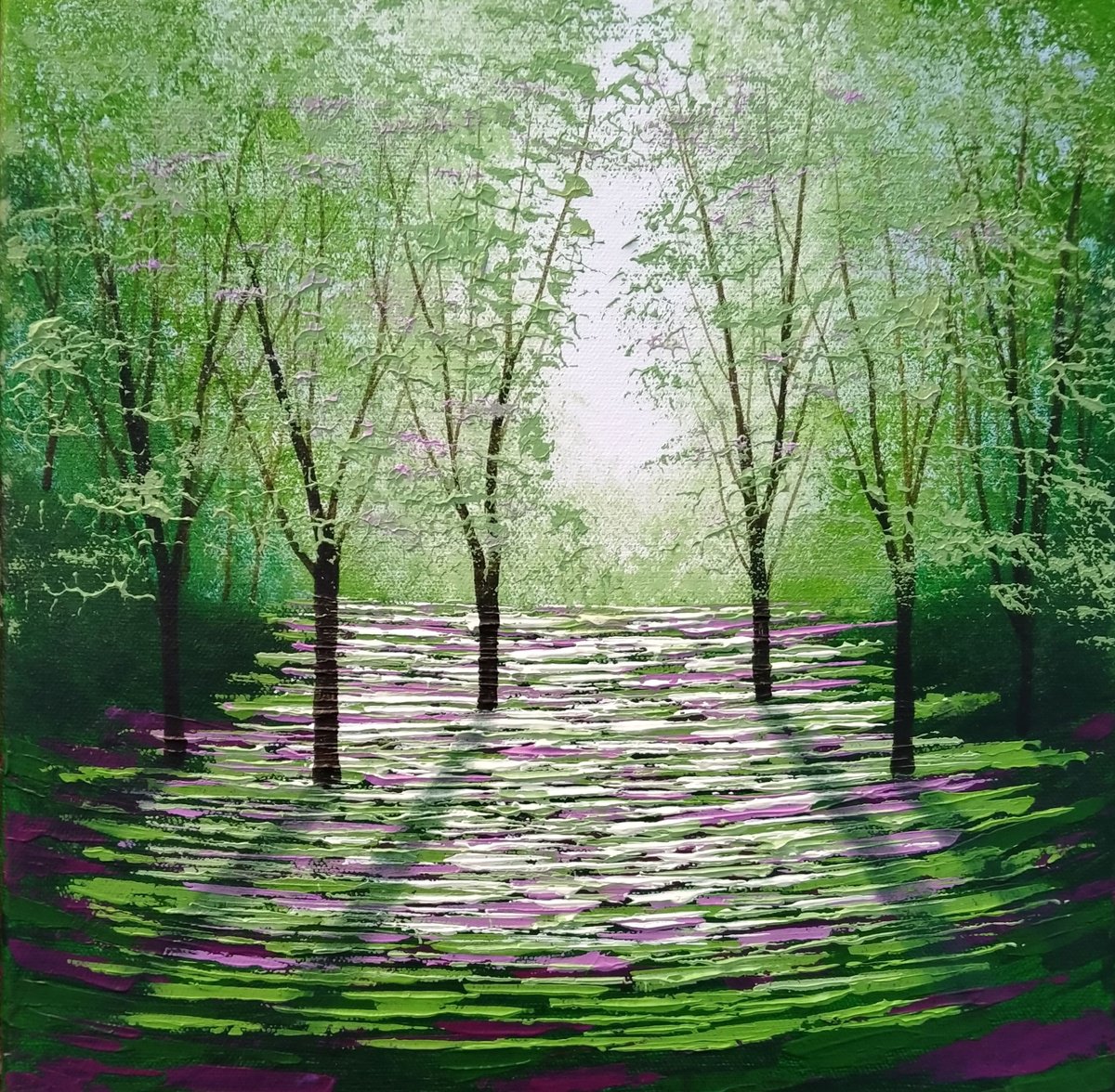 Impressionistic Landscape Acrylic Painting By Amanda Horvath, 12 X 12, Summer Days, Woodland Glade, Original Artwork