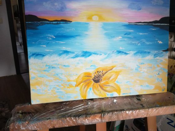 Miss you much, sea sky, flower, summer, original acrylic painting