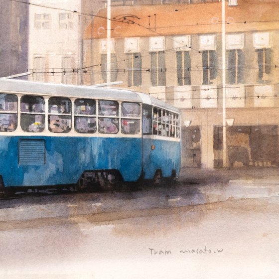 Two-Car Blue Tram - 40x30cm Watercolor