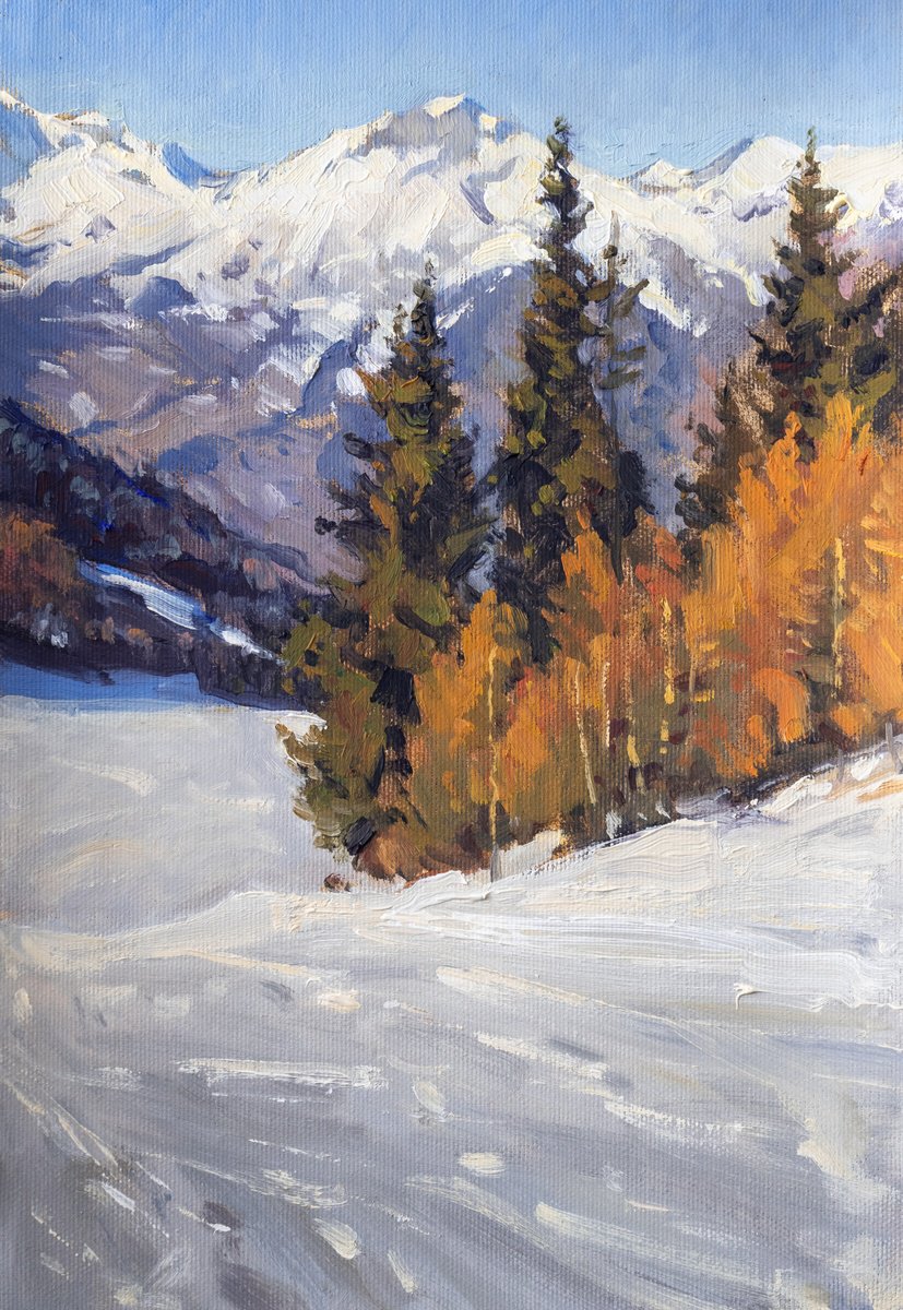 Impressionistic Landscape Oil Painting By Vasyl Moldavchuk, 8 X 12", Winter Mountains, Original Artwork