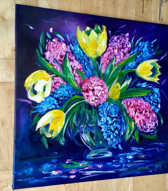 Bouquet of tulips and hyacinths,  FLOWERS , ORIGINAL OIL PAINTING