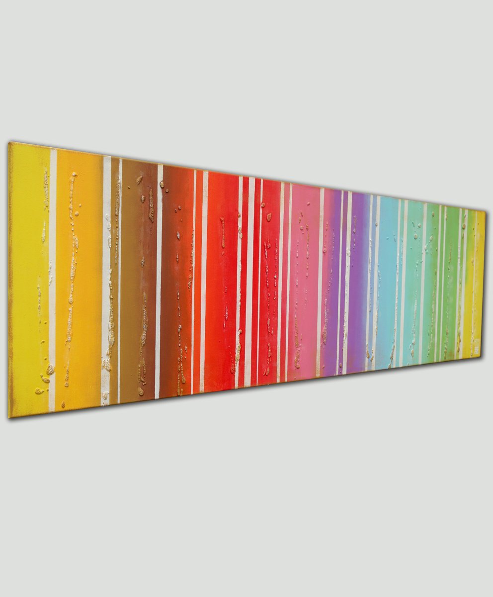 Abstract Acrylic Painting By Ronald Hunter, 59 X 20", Colors On Colors Rainbow, Original Artwork