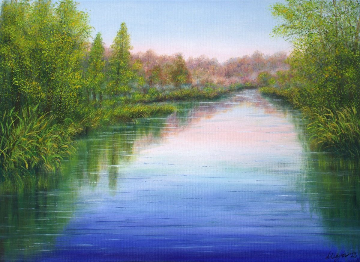 Impressionistic Landscape Oil Painting By Ludmilla Ukrow, 28 X 20", Idyllic River, Original Artwork