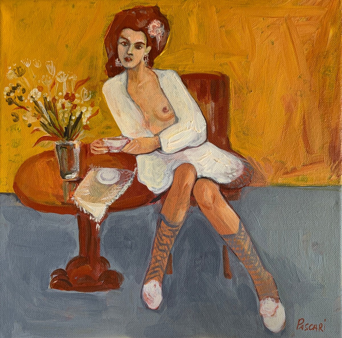 Impressionistic Portrait Acrylic Painting By Olga Pascari, 12 X 12", Cup Of Coffee, Original Artwork