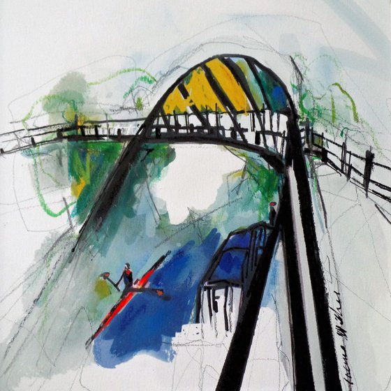Cycle Bridge : an Impressionistic Abstract Landscape Study with Rower and Canal Boat