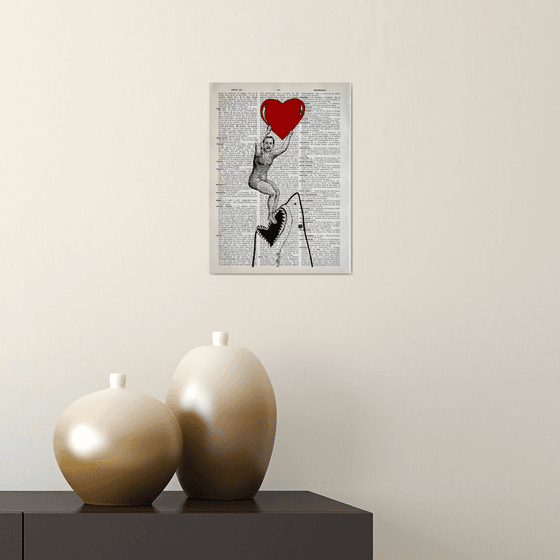 Jump in the jaws of love - Collage Art Print on Large Real English Dictionary Vintage Book Page
