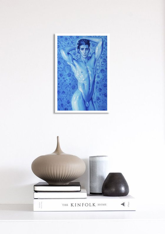 BLUE FLOWERS by Yaroslav Sobol (Modern Abstract Figurative Oil painting of a Man Nude Male Model Gift Male Nude Home Decor)