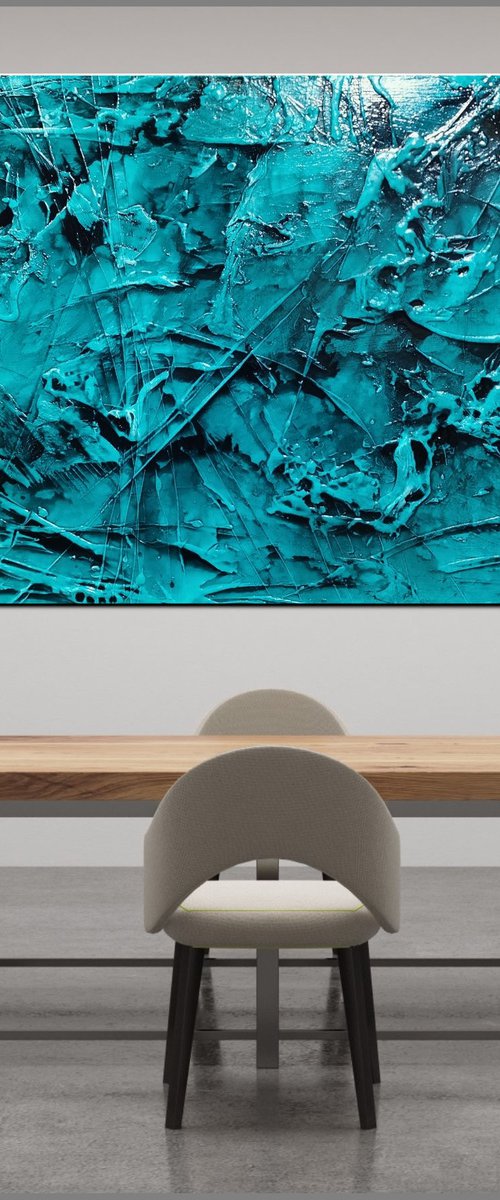 Aquatic Resonance 190cm x 100cm Teal Ink Textured Abstract Art by Franko