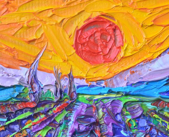 SUNFLOWERS AND LAVENDER FIELDS AT SUNSET 9 contemporary abstract impressionist mini landscape original palette knife oil painting by Ana Maria Edulescu