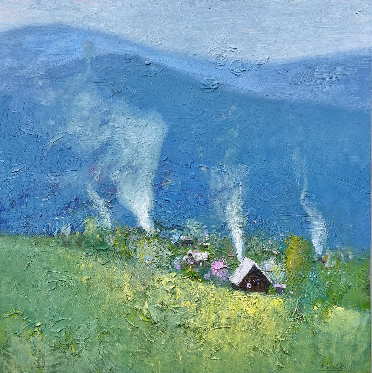 Impressionistic Landscape Oil Painting By Andrii Kovalyk, 20 X 20, Spring In The Carpathians, Original Artwork