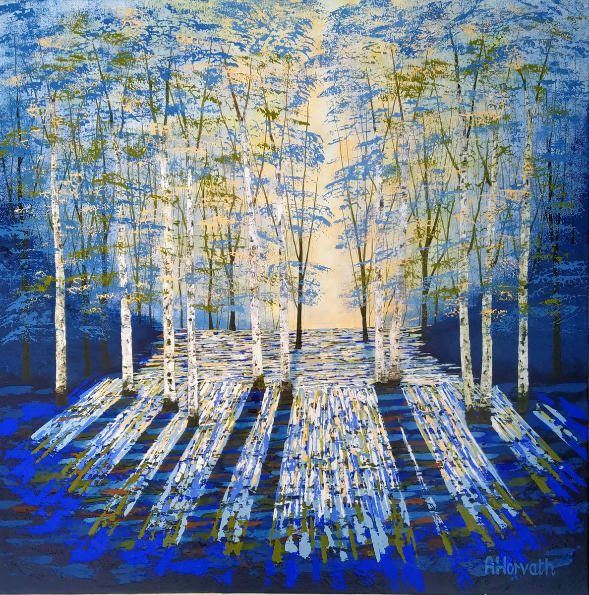 Organic Landscape Acrylic Painting By Amanda Horvath, 28 X 28, Golden Blue Forest Light, Original Artwork
