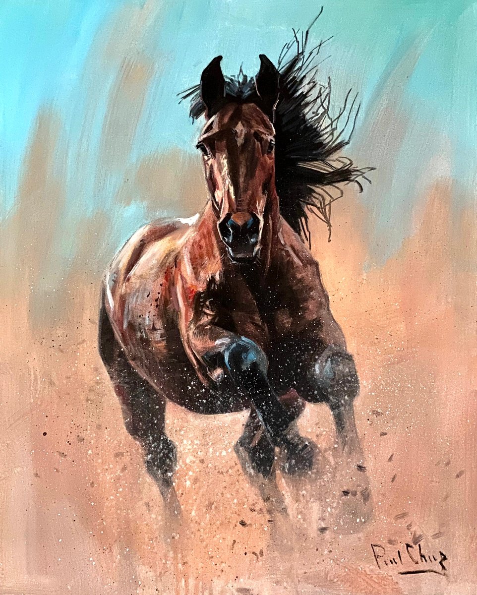 Impressionistic Animal Acrylic Painting By Paul Cheng, 24 X 30", The Power Of Gallop, Original Artwork