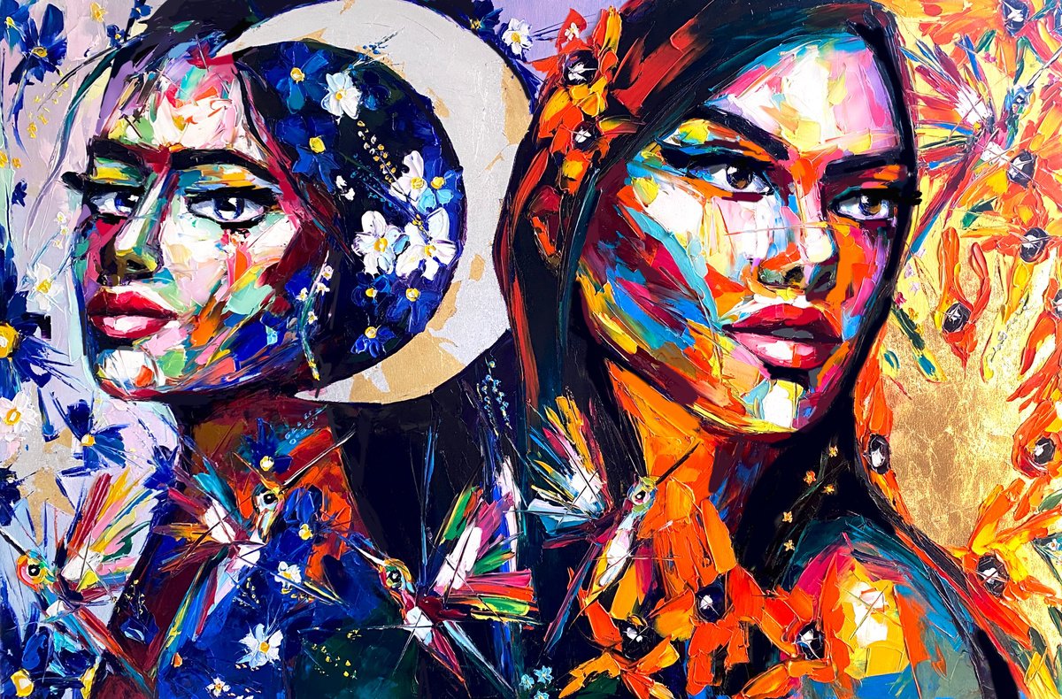Expressive Portrait Oil Painting By Lana Frey, 47 X 31", Sun Bloom And Moon Flower, Original Artwork