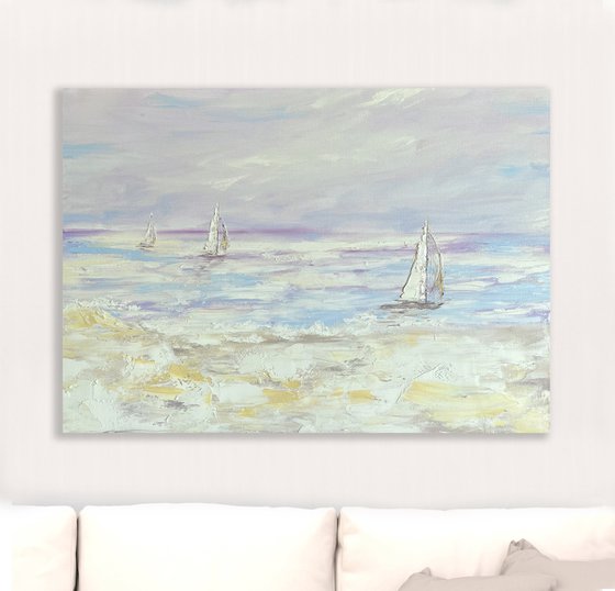 COZY PRIVACY - Element. Ships. Marine theme. Pastel shades. Waves. Coast. Sunset.