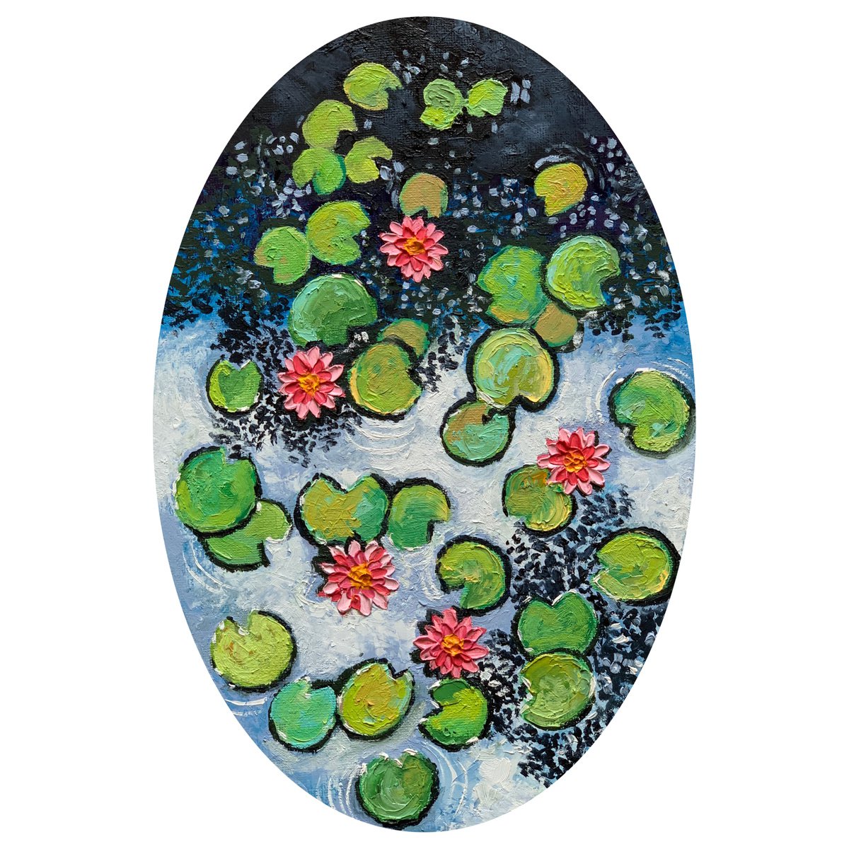 Expressive Landscape Oil Painting By Amita Dand, 8 X 12, 5 Pink Water Lilies, Original Artwork