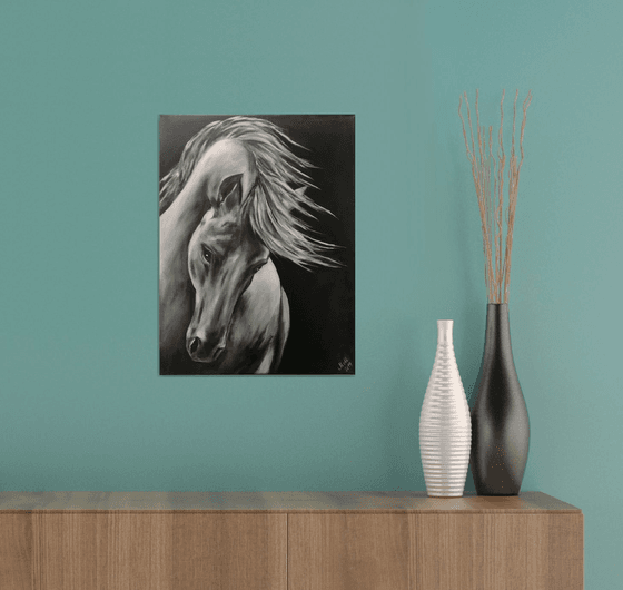 Horse - black and white oil painting