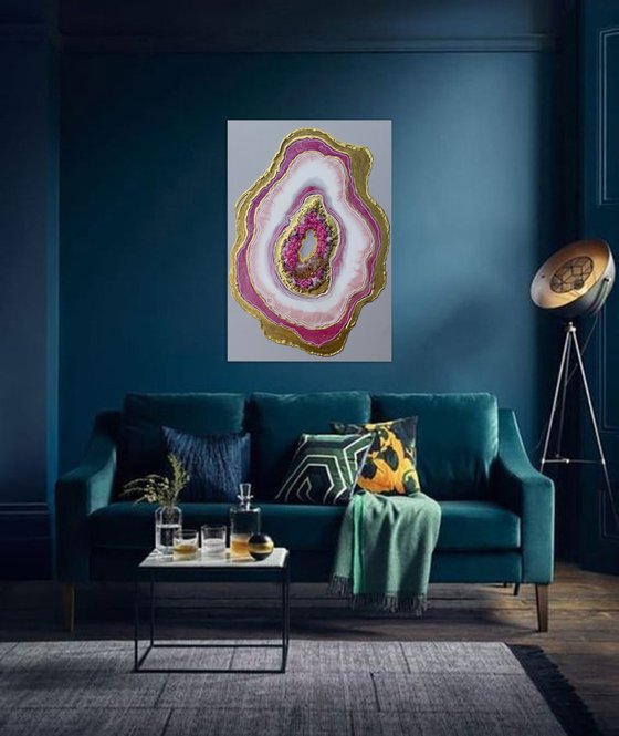 57x39cm. /Agate pink geode. Marble Art. Geode wall art, Gold, Pearl,Pink,  geode wall art Resin painting