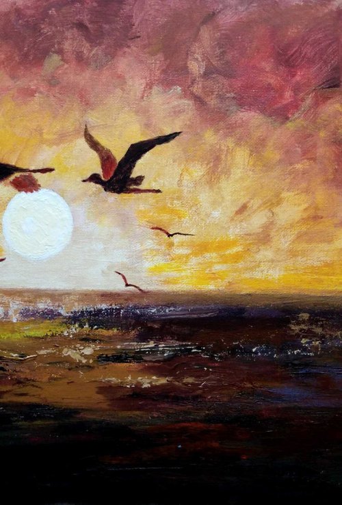 African herons at sunset - African sunset for interior in ethnic style by Liubov Samoilova