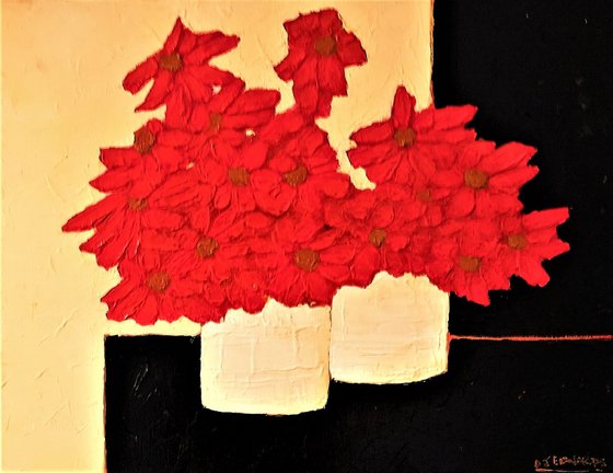 Pots Of Red Gerberas ON A BLACK TABLE