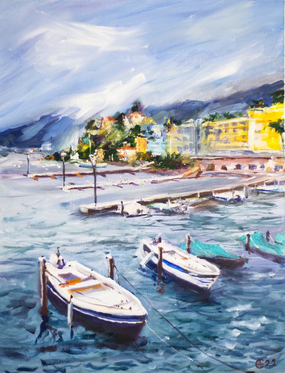 Ascona marina. Stormy weather in Swiss lake. Lago Magiore original oil painting switzerland seascape boats medium size blue landscape interior