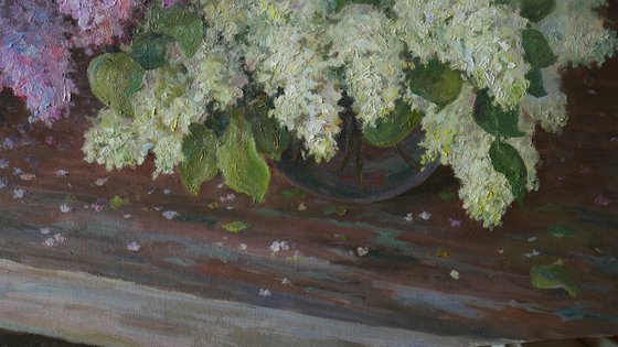 Lush Bouquets Of Lilacs On The Bench In The Garden - original floral spring oil painting on canvas