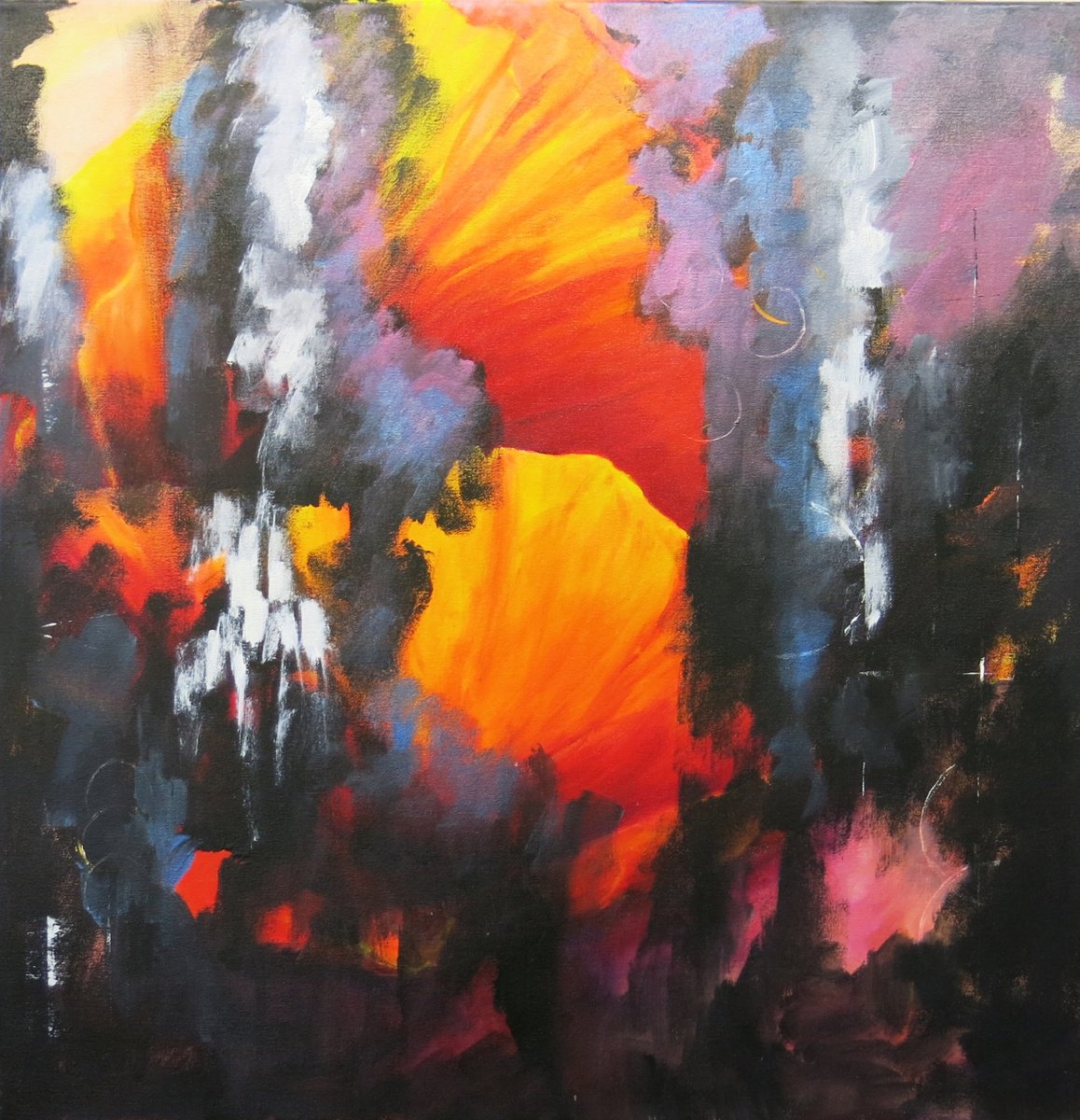 Abstract Oil Painting By Maureen Greenwood, 30 X 30", Black, Red, Orange, Original Artwork