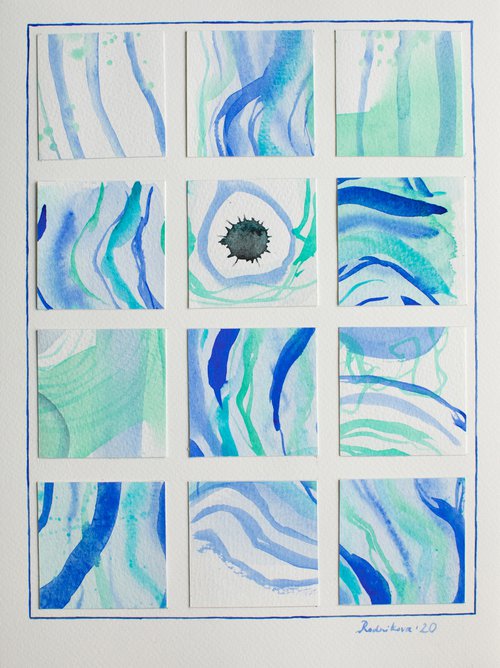 Blue and green watercolor abstract collage by Liliya Rodnikova