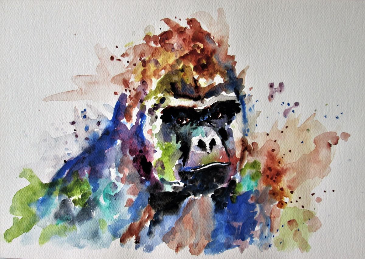 Expressive Animal Watercolour By Marjansart, 11 X 8", Gorilla Scowl, Original Artwork