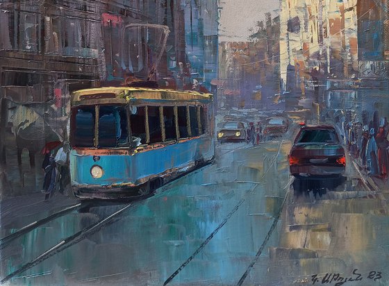 Cityscape with blue tram