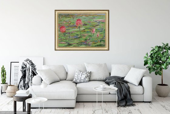 ROSE LOTUS - Landscape water lily pond, lilies, original painting, oil on canvas, interior home decor, 73x105