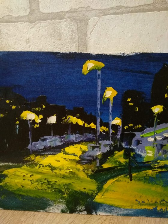 The gas station at the night. Plein Air Painting