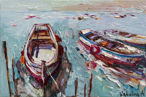 Rowing boats - Original oil seascape painting