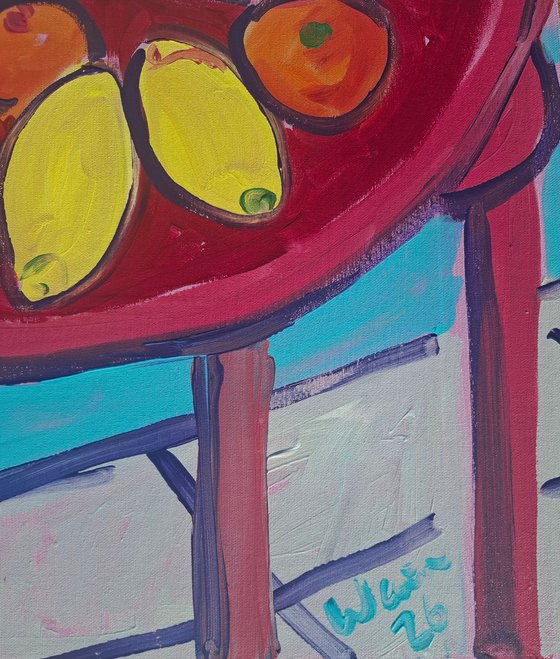 Still Life with Citrus and Red Table II