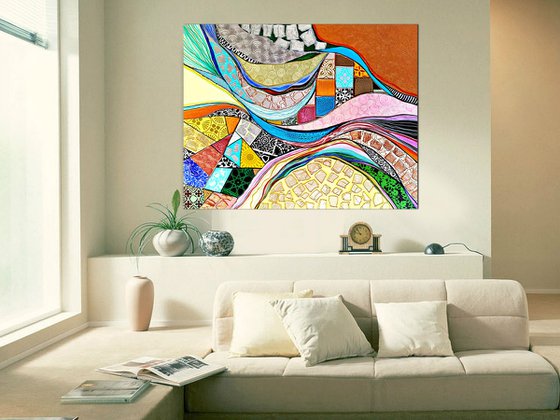 Colorful large abstract painting. Yellow orange blue green light pink wall art