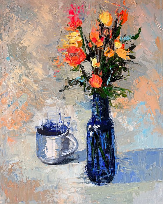 Blue Vessel and Morning Flowers