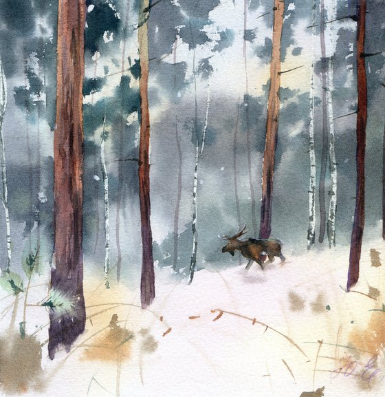 Elk Island / Winter forest / Original art