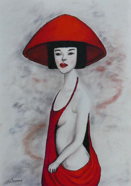 Drawing. Oriental lady in red