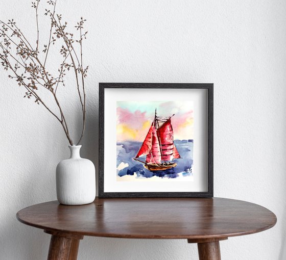 "Scarlet sails" seascape with a yacht against the sunset sky watercolor painting