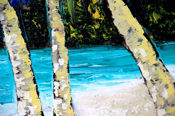 Palm trees beach ocean warm sand Original oil painting on canvas