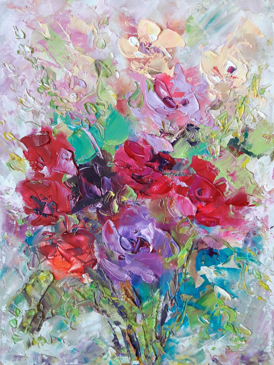Bright Rose painting, Original Art Bouquet Rose, Artwork Oil Painting, Impasto Rose Art pa... by Kseniya Kovalenko