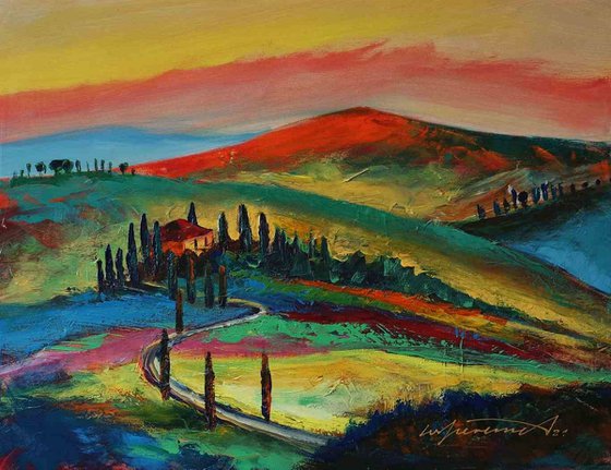 Tuscany Italy Landscape Original Acrylic Painting on Canvas, View of Tuscany, Italian Scenery, Tuscany Hills, Large Impressionist Italian Landscape, Textured Painting