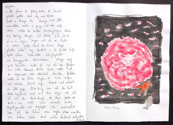 Monika Rinck: Peonies, Variant 7 - handwritten poem and original gouache