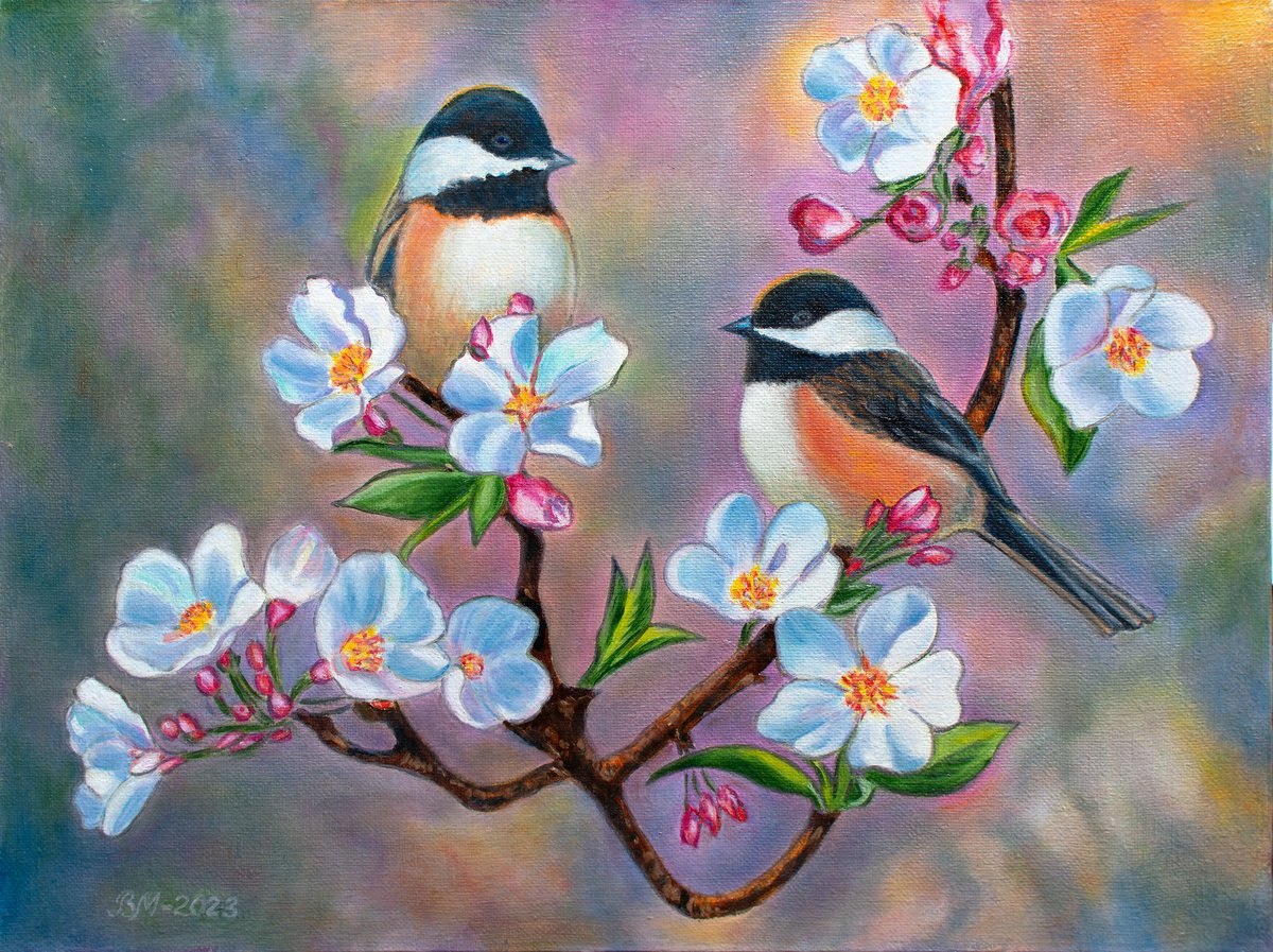 Song of Spring by Vera Melnyk - (Original oil painting, birds painting, home decor, gift by Vera Melnyk