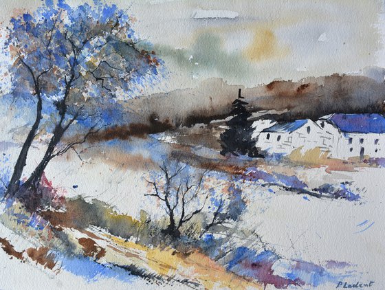 Village in winter watercolor