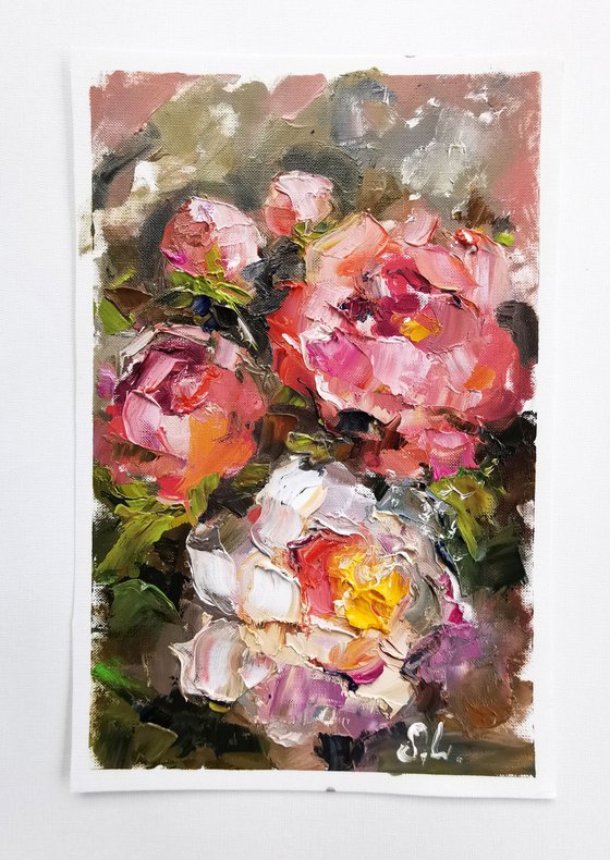 Pink peonies framed miniature on canvas