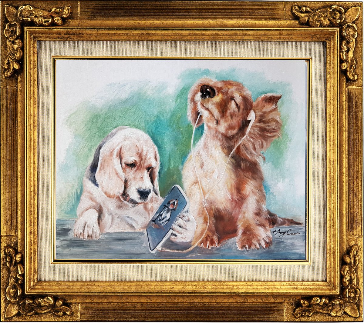 Expressive Animal Oil Painting By Henry Cao, 20 X 16, Dogs Enjoying Music, Original Artwork